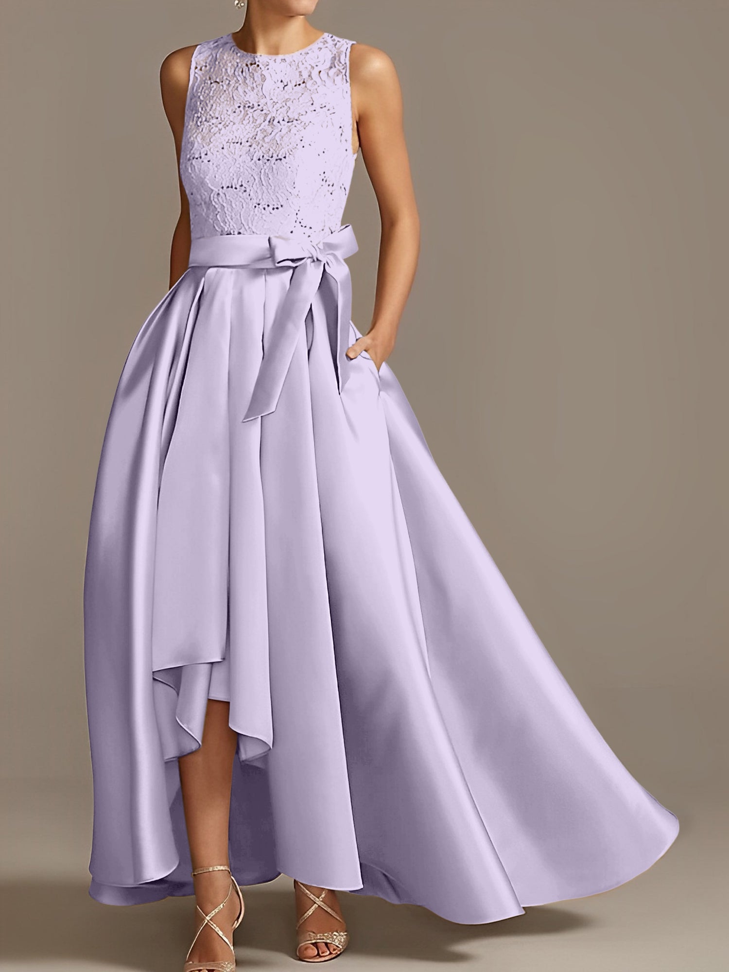 Asymmetrical Princess A-Line Sleeveless Mother Of The Bride Dress With Jewel Neck And Pleats