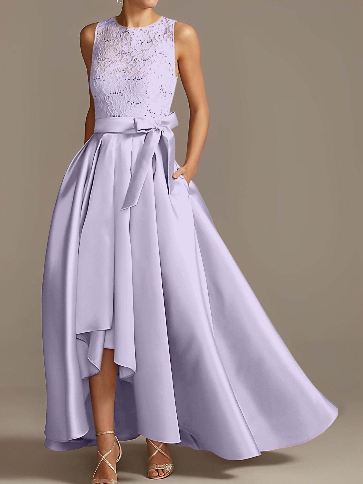 Asymmetrical Princess A-Line Sleeveless Mother Of The Bride Dress With Jewel Neck And Pleats