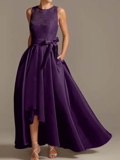 Asymmetrical Princess A-Line Sleeveless Mother Of The Bride Dress With Jewel Neck And Pleats