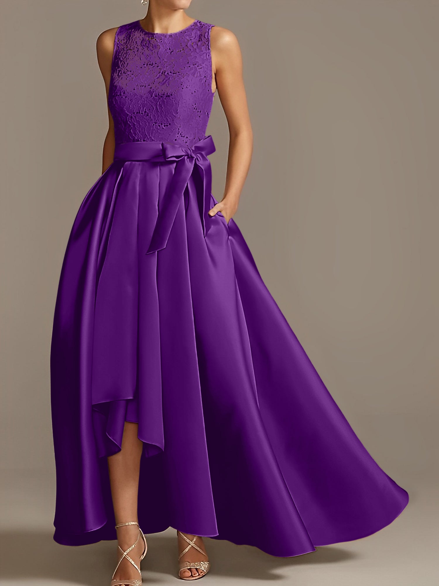 Asymmetrical Princess A-Line Sleeveless Mother Of The Bride Dress With Jewel Neck And Pleats