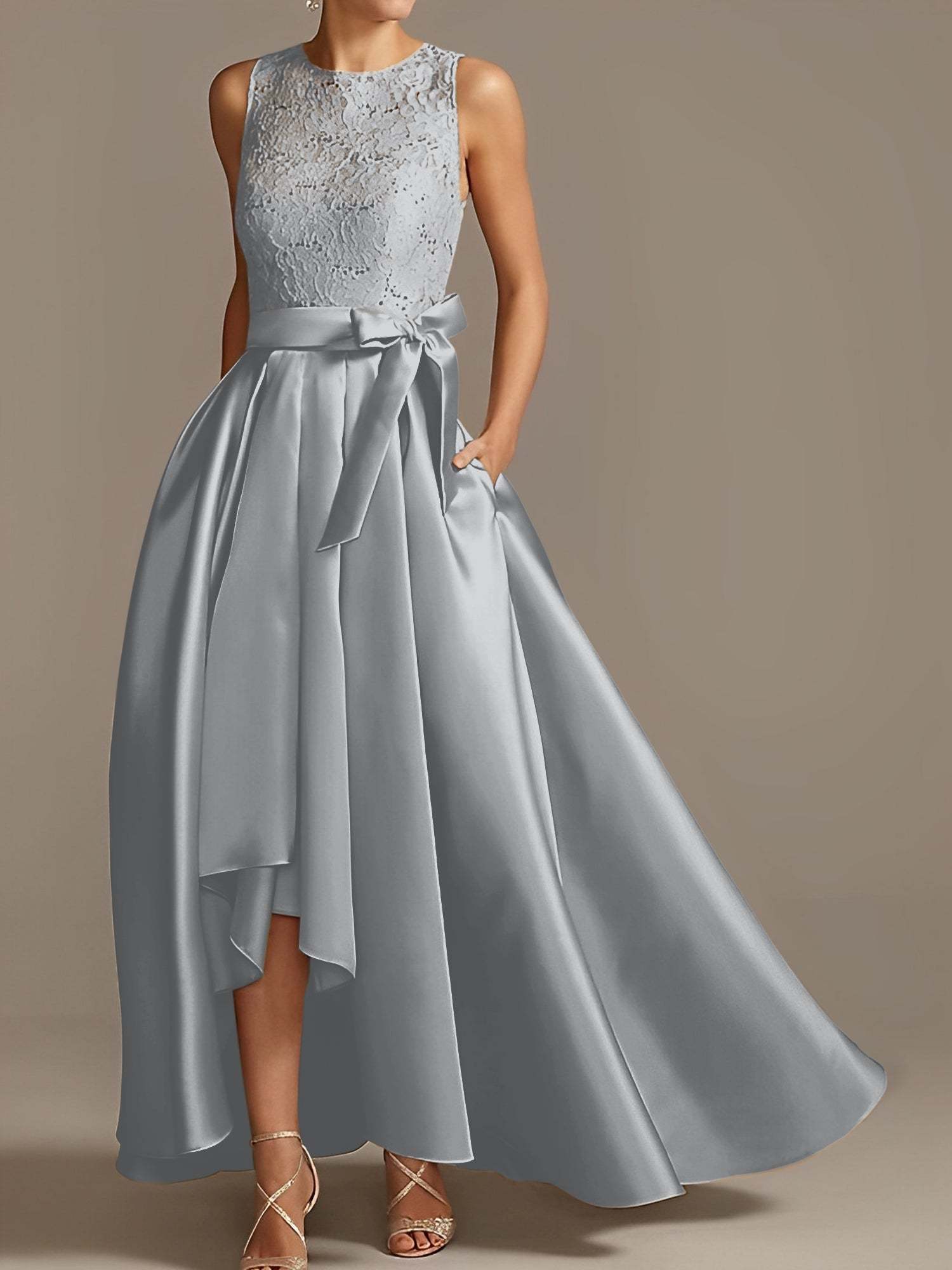 Asymmetrical Princess A-Line Sleeveless Mother Of The Bride Dress With Jewel Neck And Pleats