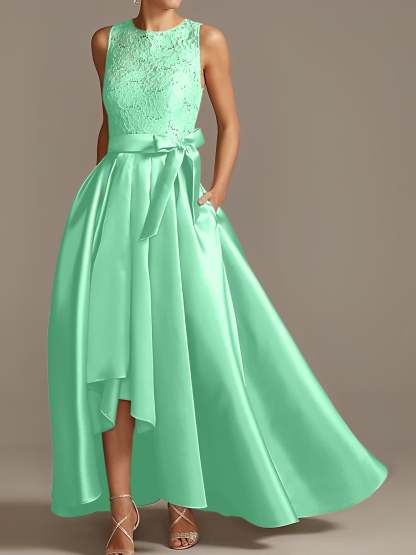 Asymmetrical Princess A-Line Sleeveless Mother Of The Bride Dress With Jewel Neck And Pleats