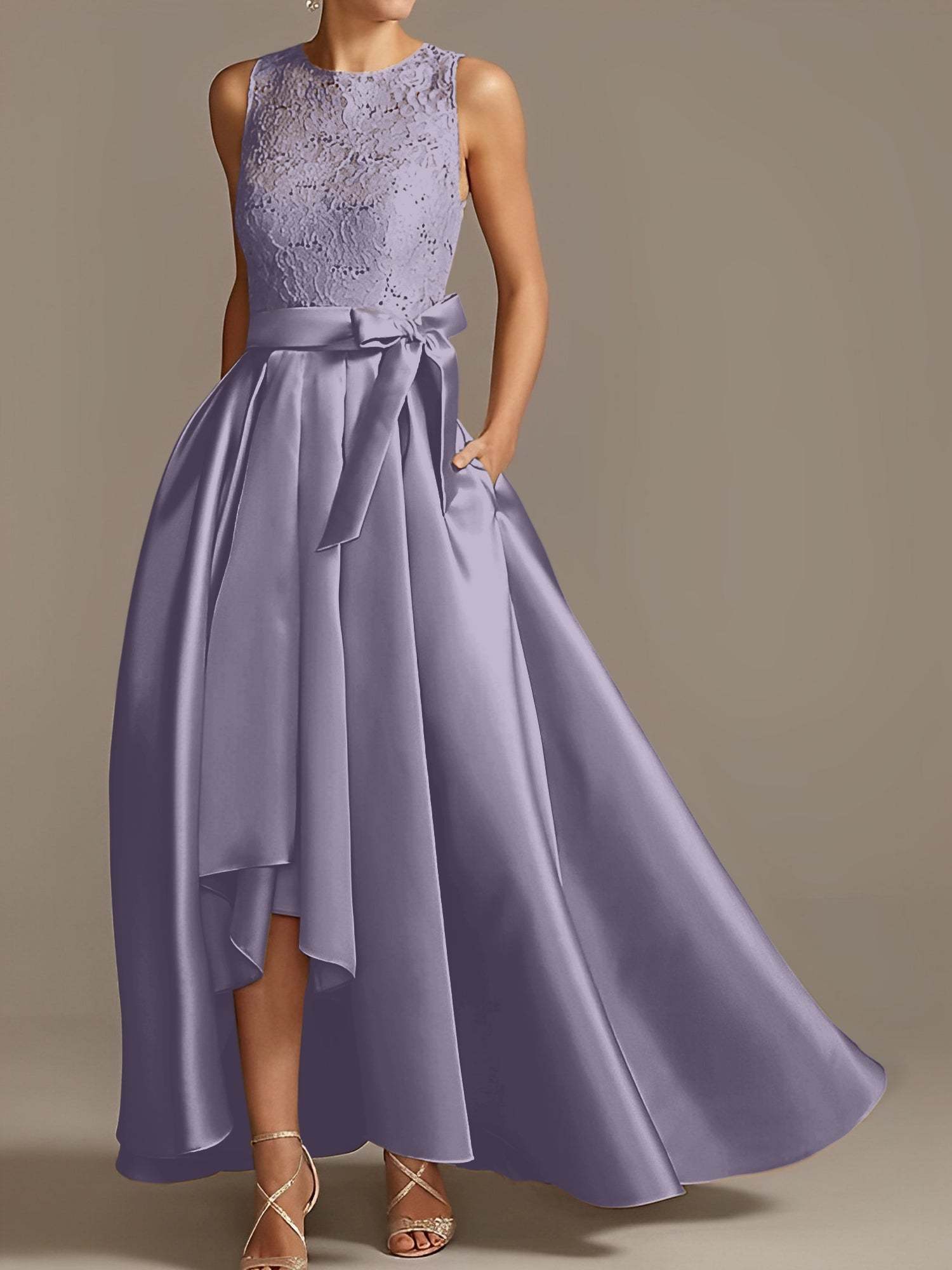 Asymmetrical Princess A-Line Sleeveless Mother Of The Bride Dress With Jewel Neck And Pleats