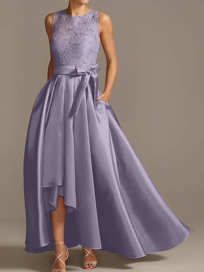 Asymmetrical Princess A-Line Sleeveless Mother Of The Bride Dress With Jewel Neck And Pleats