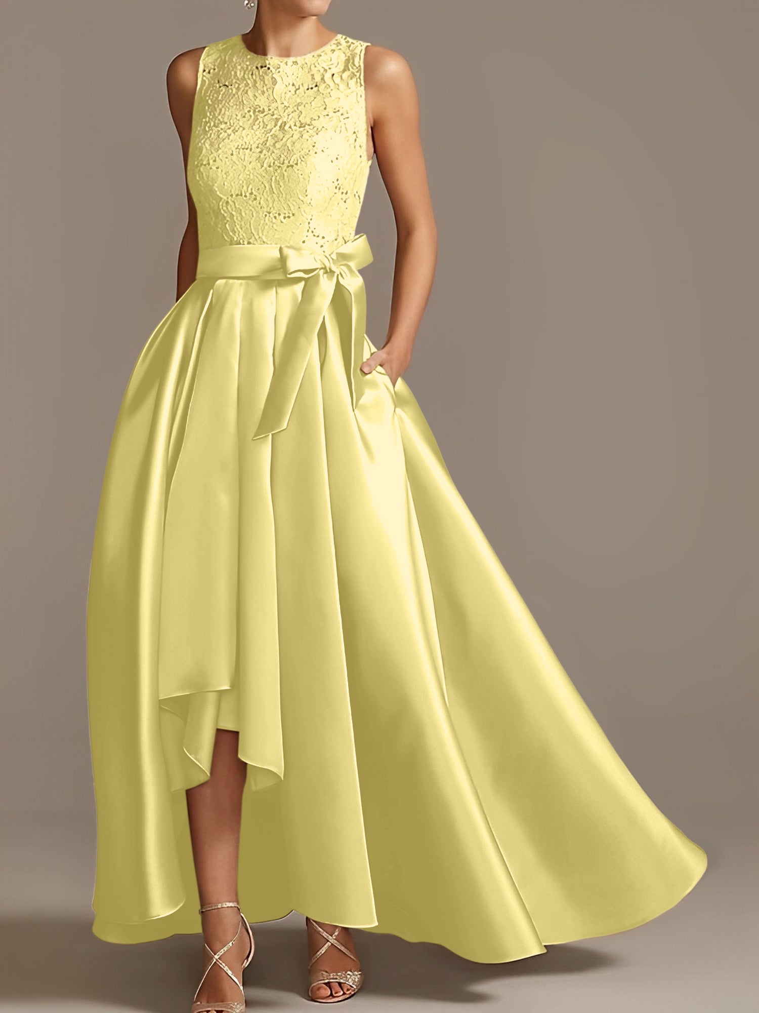 Asymmetrical Princess A-Line Sleeveless Mother Of The Bride Dress With Jewel Neck And Pleats