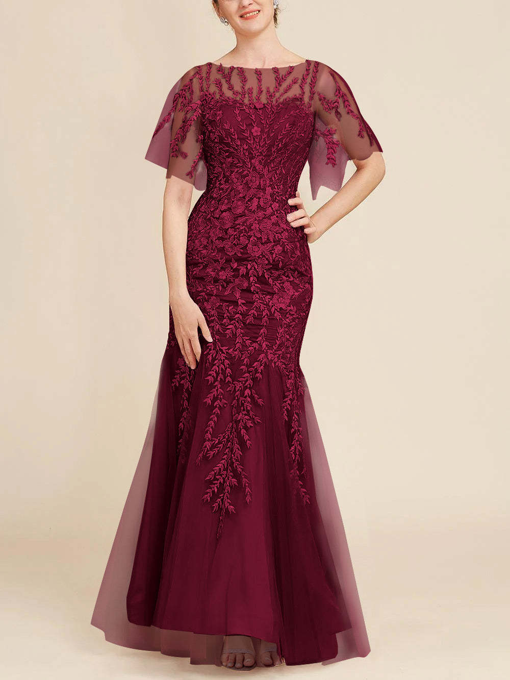 Floor-Length Mother of the Bride Lace Dresses with Trumpet/Mermaid Scoop Half Sleeves