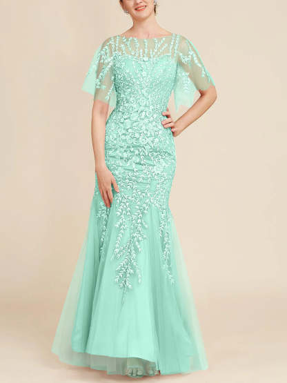 Floor-Length Mother of the Bride Lace Dresses with Trumpet/Mermaid Scoop Half Sleeves