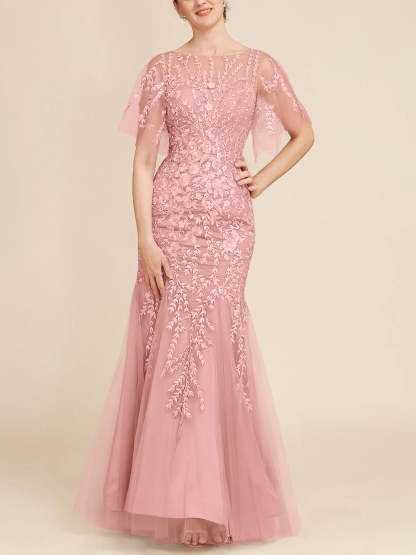 Floor-Length Mother of the Bride Lace Dresses with Trumpet/Mermaid Scoop Half Sleeves