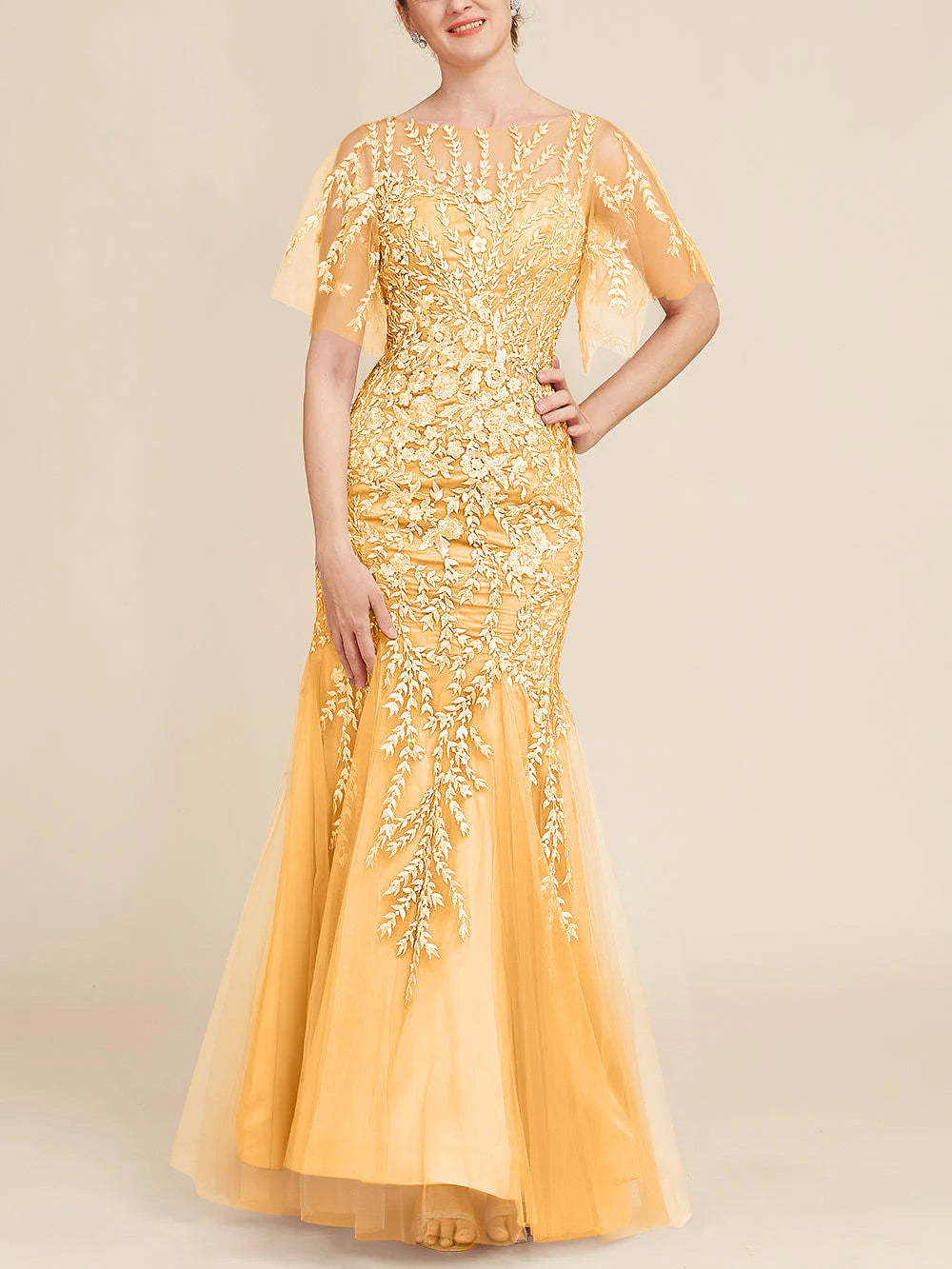Floor-Length Mother of the Bride Lace Dresses with Trumpet/Mermaid Scoop Half Sleeves