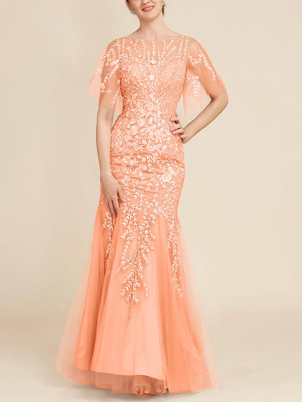 Floor-Length Mother of the Bride Lace Dresses with Trumpet/Mermaid Scoop Half Sleeves