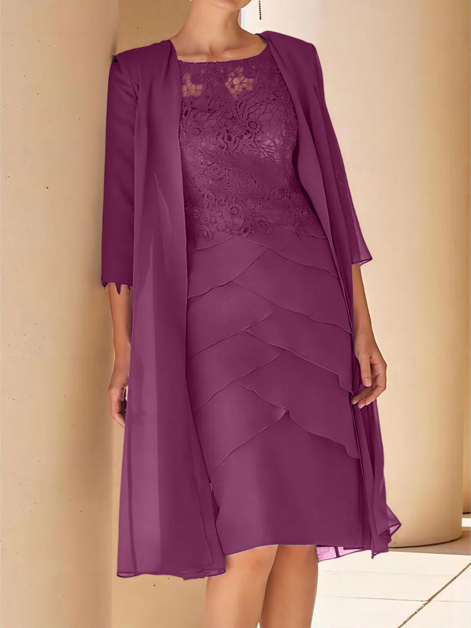 Short Sleeve Knee-Length Lace Sheath Dress for the Mother of the Bride