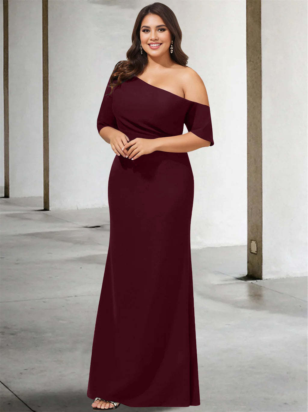 Princess A-Line Floor-Length One-Shoulder 3/4 Sleeve Pure Color Plus Size Mother of the Bride Gown