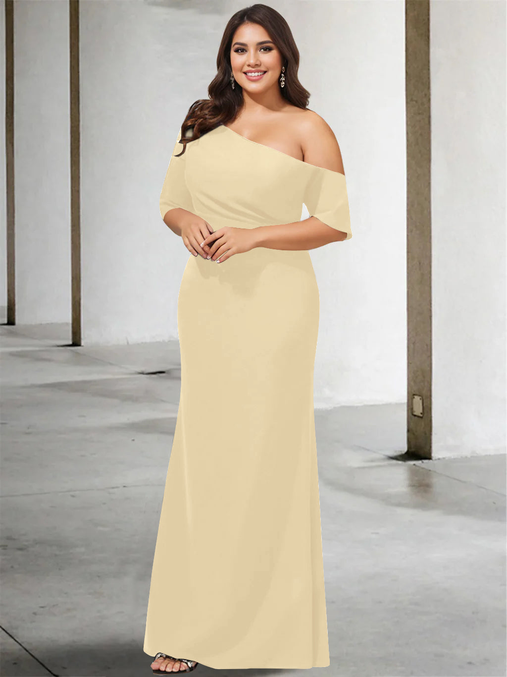 Princess A-Line Floor-Length One-Shoulder 3/4 Sleeve Pure Color Plus Size Mother of the Bride Gown