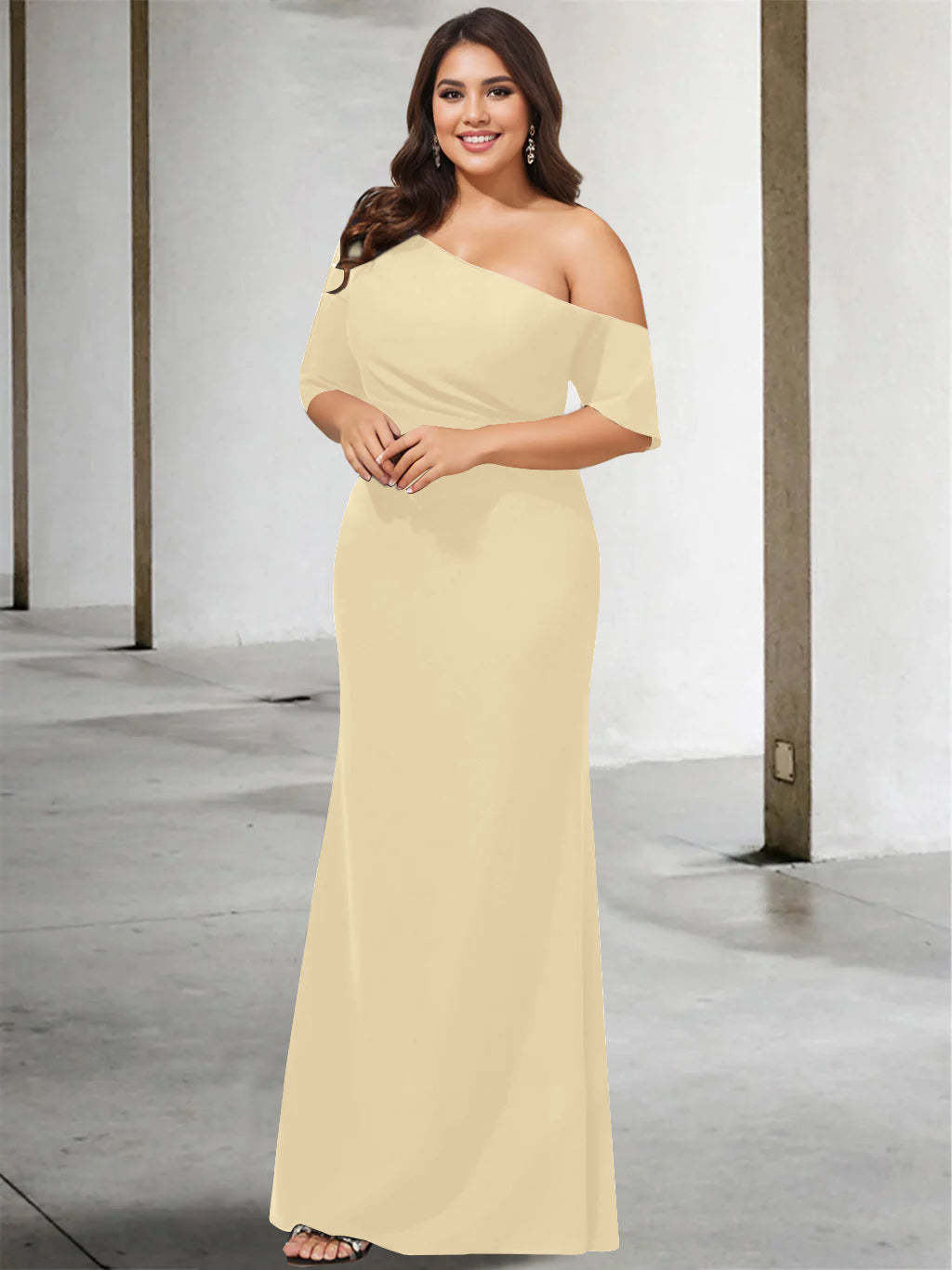 Princess A-Line Floor-Length One-Shoulder 3/4 Sleeve Pure Color Plus Size Mother of the Bride Gown