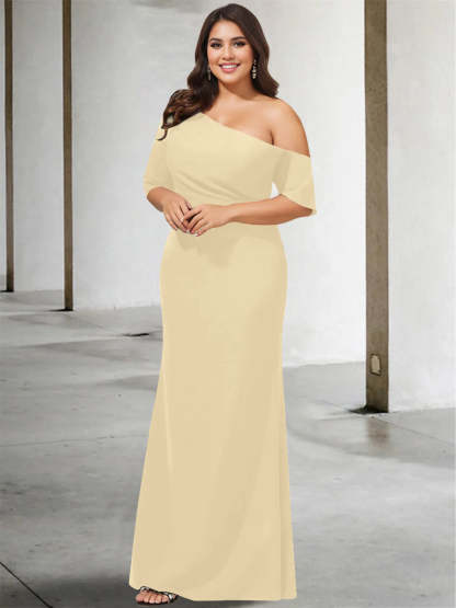 Princess A-Line Floor-Length One-Shoulder 3/4 Sleeve Pure Color Plus Size Mother of the Bride Gown