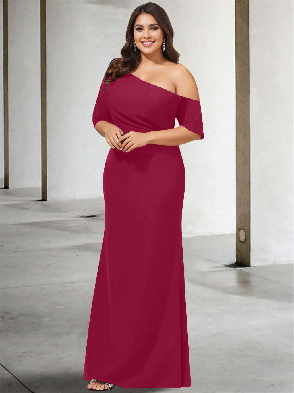 Princess A-Line Floor-Length One-Shoulder 3/4 Sleeve Pure Color Plus Size Mother of the Bride Gown