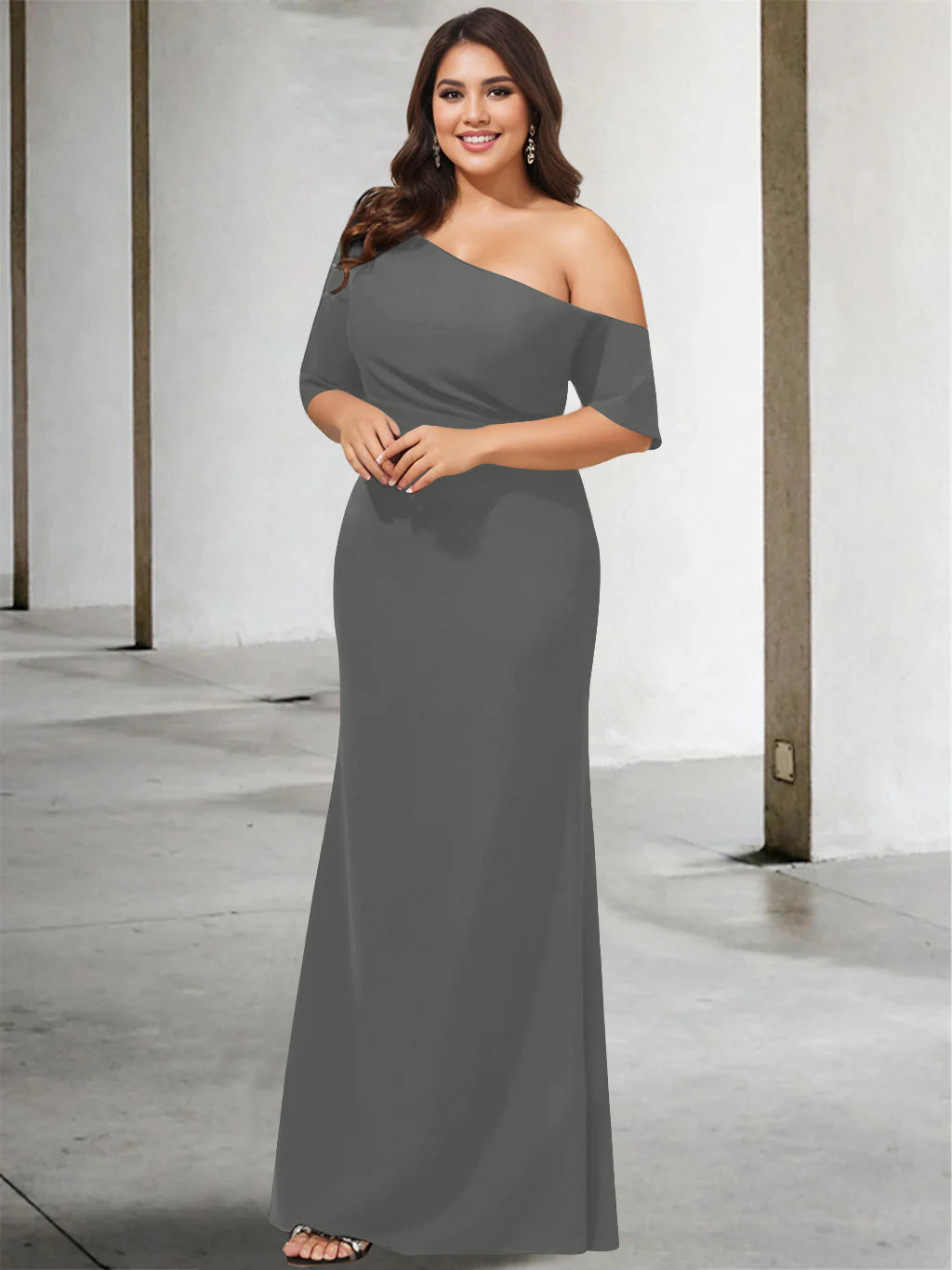 Princess A-Line Floor-Length One-Shoulder 3/4 Sleeve Pure Color Plus Size Mother of the Bride Gown