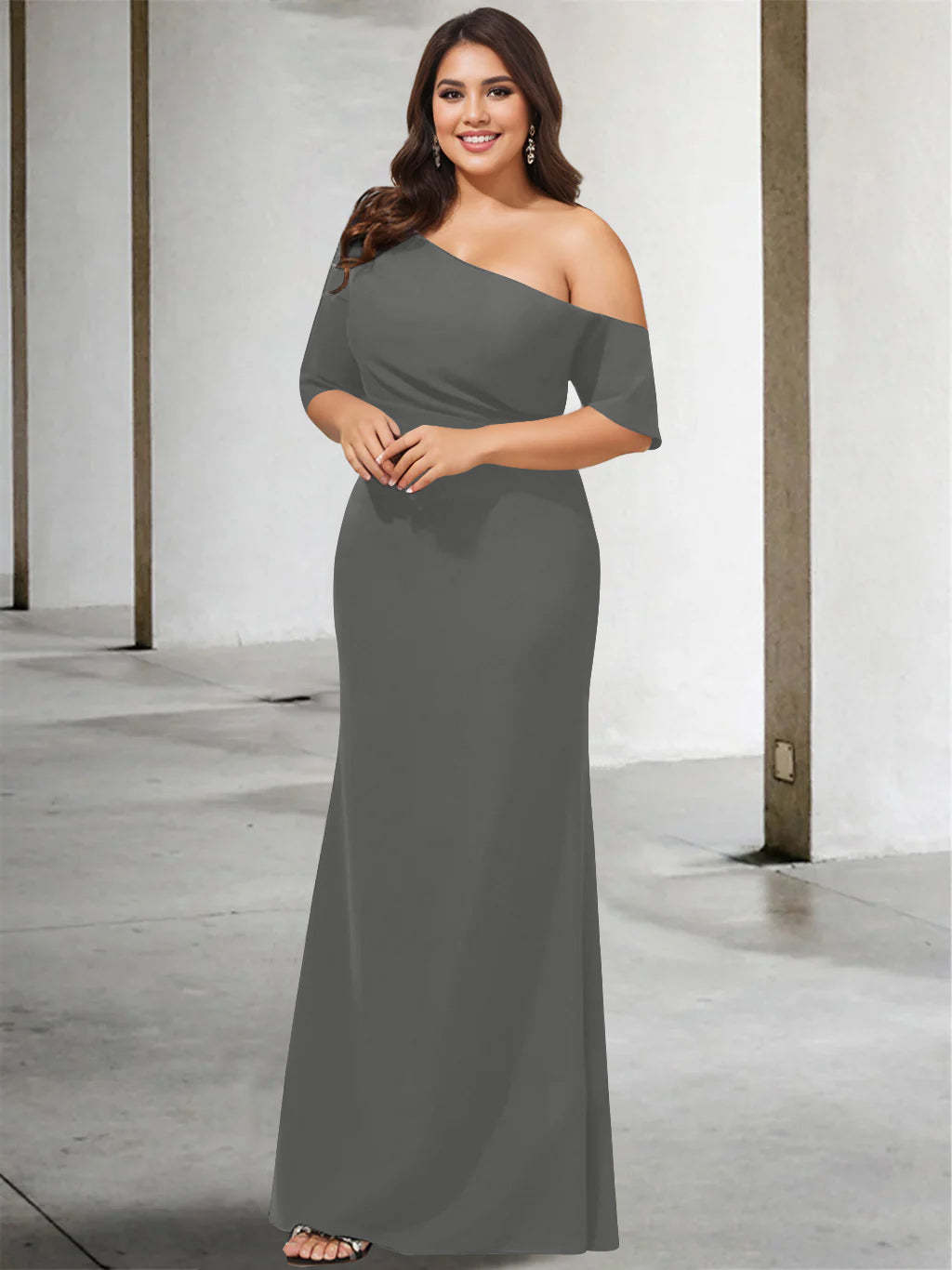 Princess A-Line Floor-Length One-Shoulder 3/4 Sleeve Pure Color Plus Size Mother of the Bride Gown