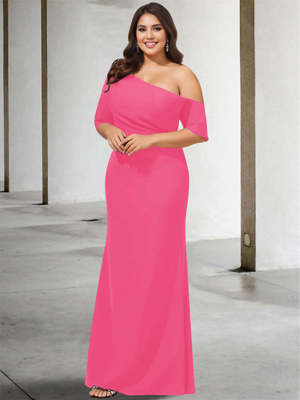 Princess A-Line Floor-Length One-Shoulder 3/4 Sleeve Pure Color Plus Size Mother of the Bride Gown
