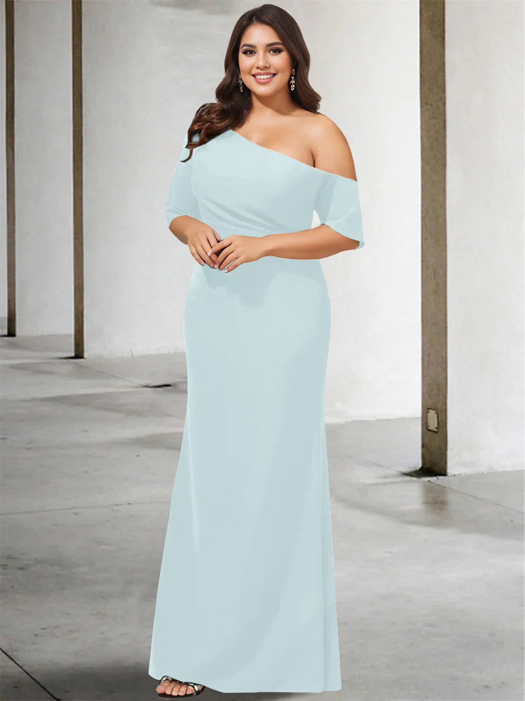 Princess A-Line Floor-Length One-Shoulder 3/4 Sleeve Pure Color Plus Size Mother of the Bride Gown