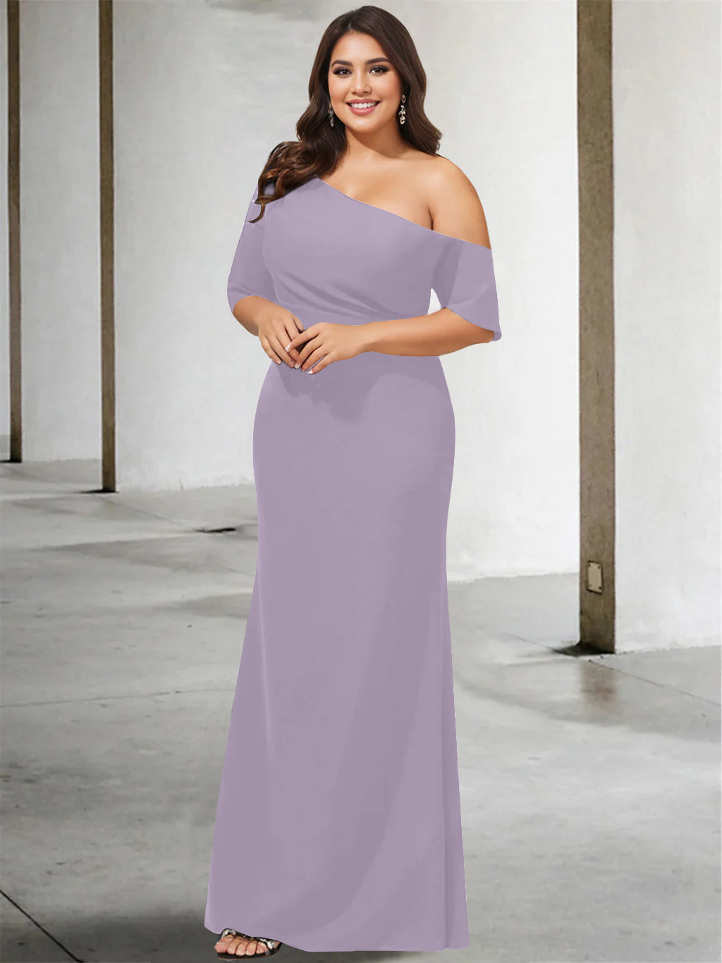 Princess A-Line Floor-Length One-Shoulder 3/4 Sleeve Pure Color Plus Size Mother of the Bride Gown