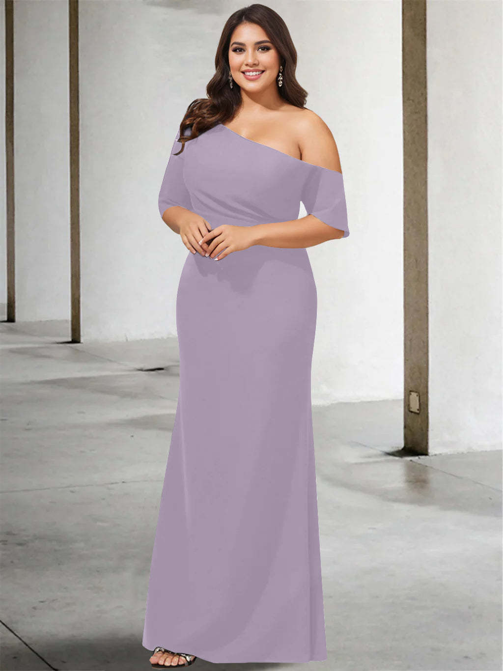 Princess A-Line Floor-Length One-Shoulder 3/4 Sleeve Pure Color Plus Size Mother of the Bride Gown
