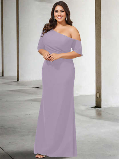 Princess A-Line Floor-Length One-Shoulder 3/4 Sleeve Pure Color Plus Size Mother of the Bride Gown