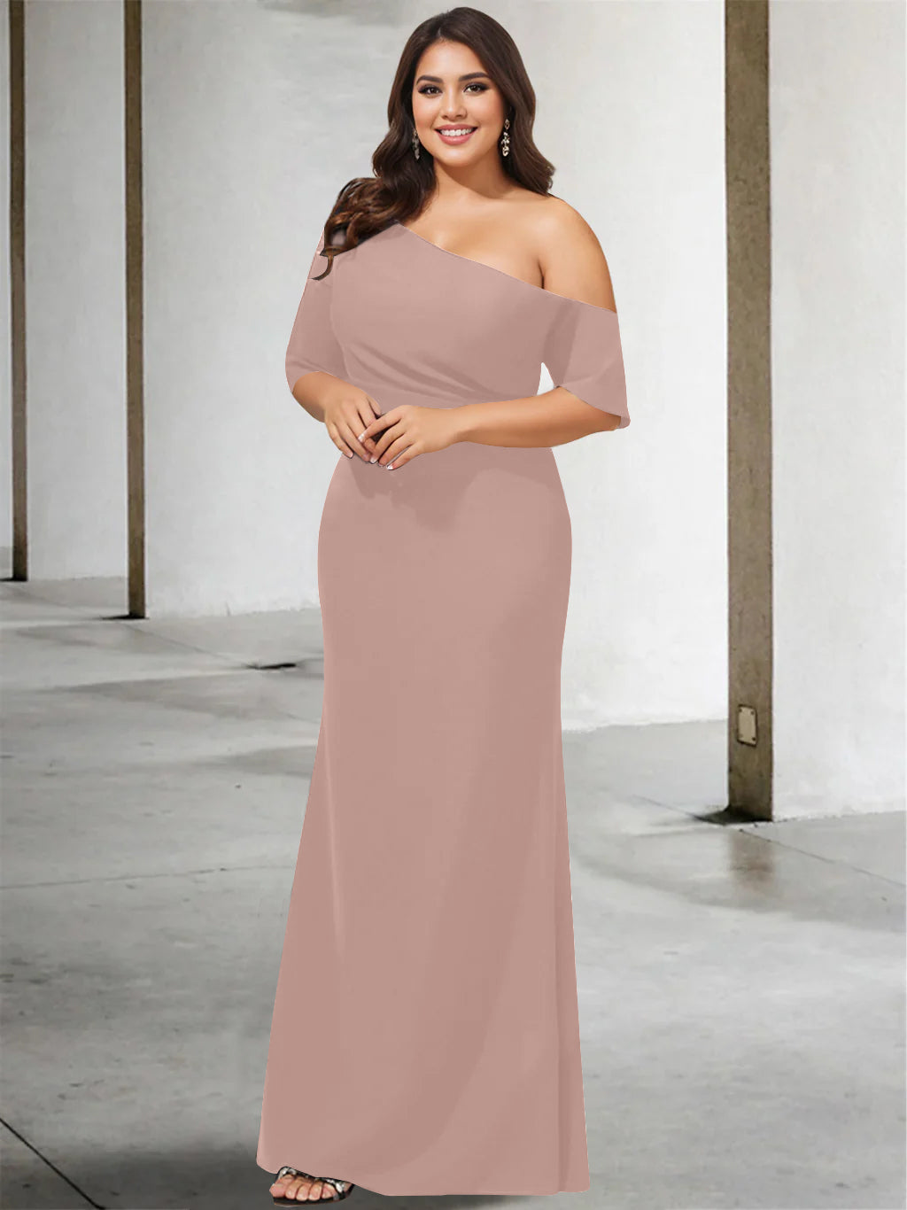 Princess A-Line Floor-Length One-Shoulder 3/4 Sleeve Pure Color Plus Size Mother of the Bride Gown