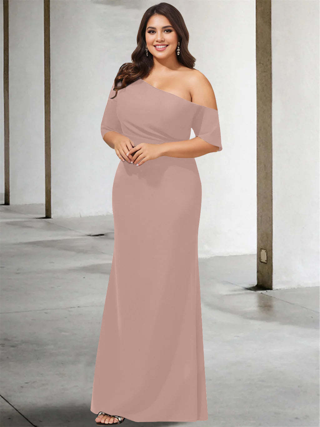 Princess A-Line Floor-Length One-Shoulder 3/4 Sleeve Pure Color Plus Size Mother of the Bride Gown