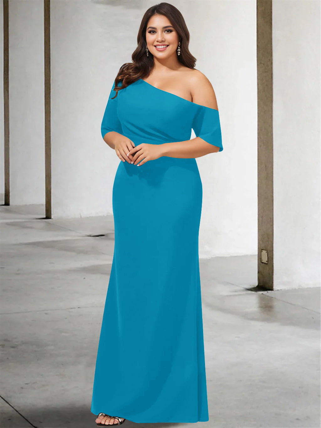 Princess A-Line Floor-Length One-Shoulder 3/4 Sleeve Pure Color Plus Size Mother of the Bride Gown