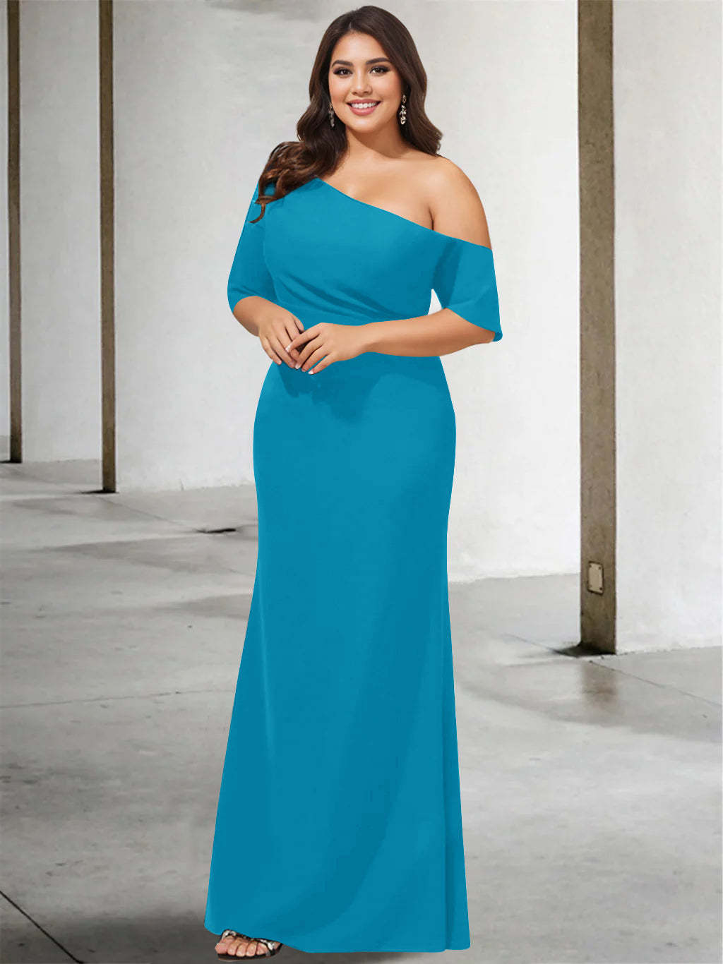 Princess A-Line Floor-Length One-Shoulder 3/4 Sleeve Pure Color Plus Size Mother of the Bride Gown