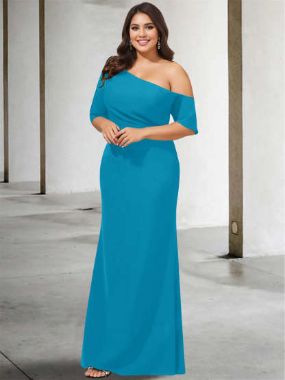Princess A-Line Floor-Length One-Shoulder 3/4 Sleeve Pure Color Plus Size Mother of the Bride Gown