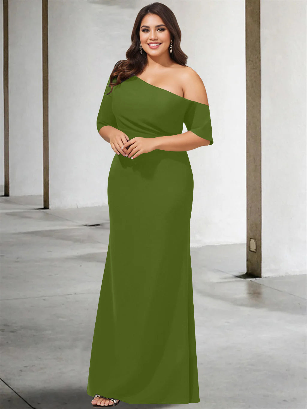 Princess A-Line Floor-Length One-Shoulder 3/4 Sleeve Pure Color Plus Size Mother of the Bride Gown