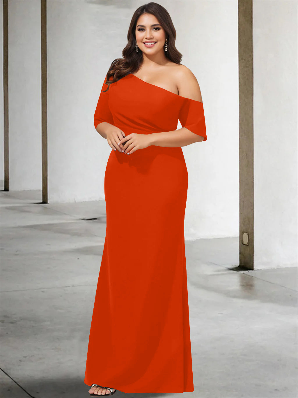 Princess A-Line Floor-Length One-Shoulder 3/4 Sleeve Pure Color Plus Size Mother of the Bride Gown