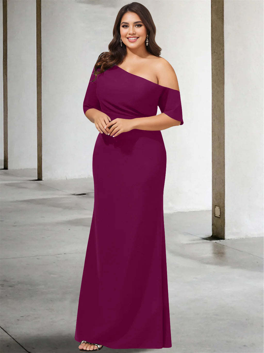 Princess A-Line Floor-Length One-Shoulder 3/4 Sleeve Pure Color Plus Size Mother of the Bride Gown