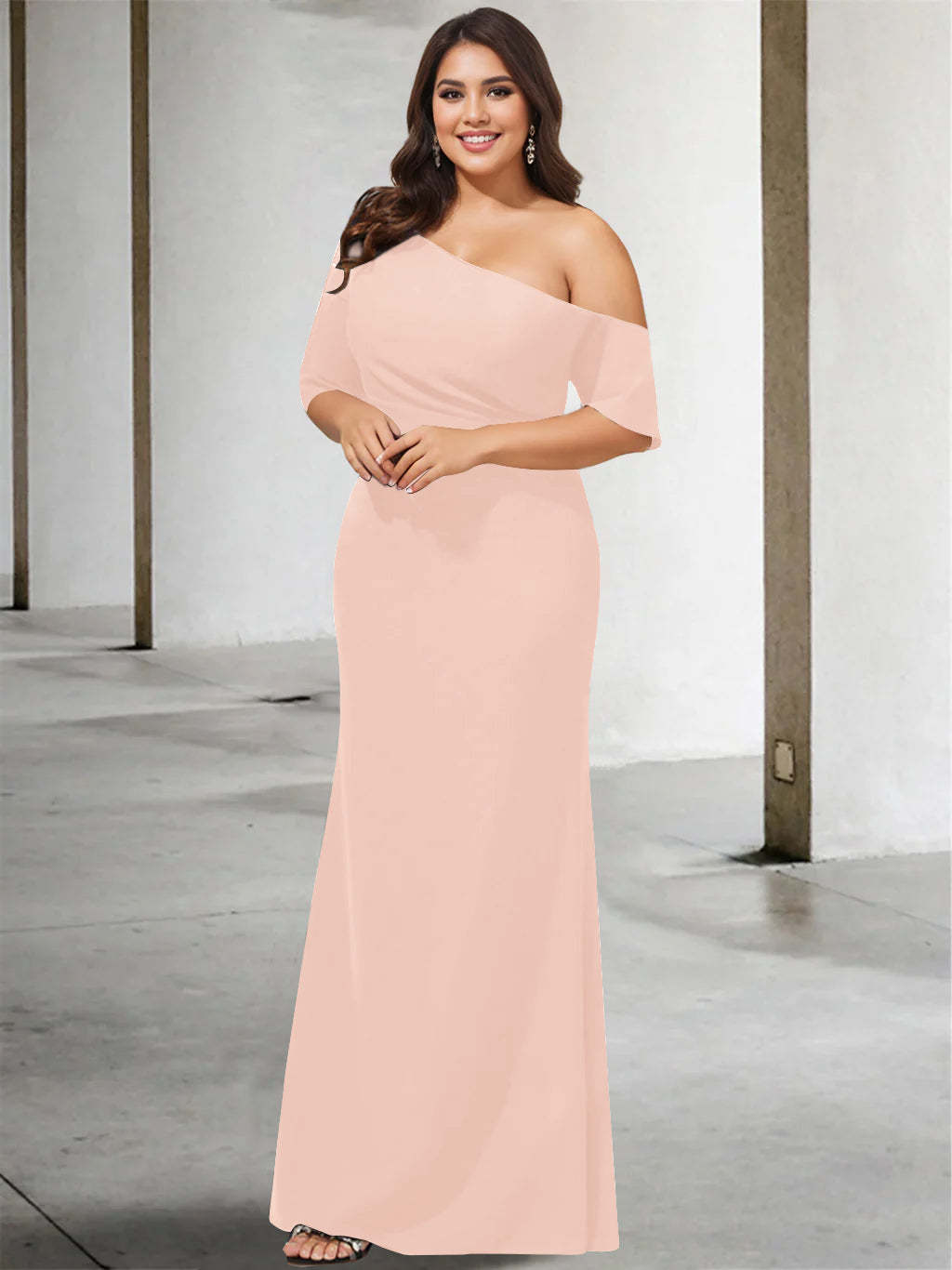 Princess A-Line Floor-Length One-Shoulder 3/4 Sleeve Pure Color Plus Size Mother of the Bride Gown