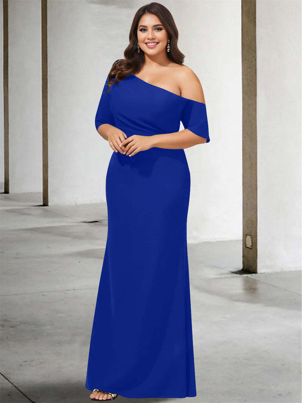 Princess A-Line Floor-Length One-Shoulder 3/4 Sleeve Pure Color Plus Size Mother of the Bride Gown