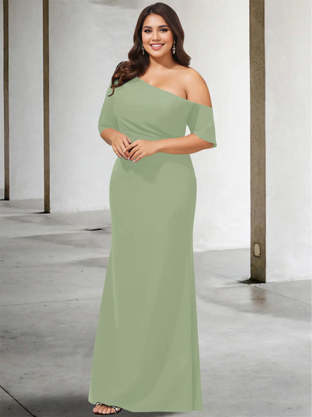 Princess A-Line Floor-Length One-Shoulder 3/4 Sleeve Pure Color Plus Size Mother of the Bride Gown
