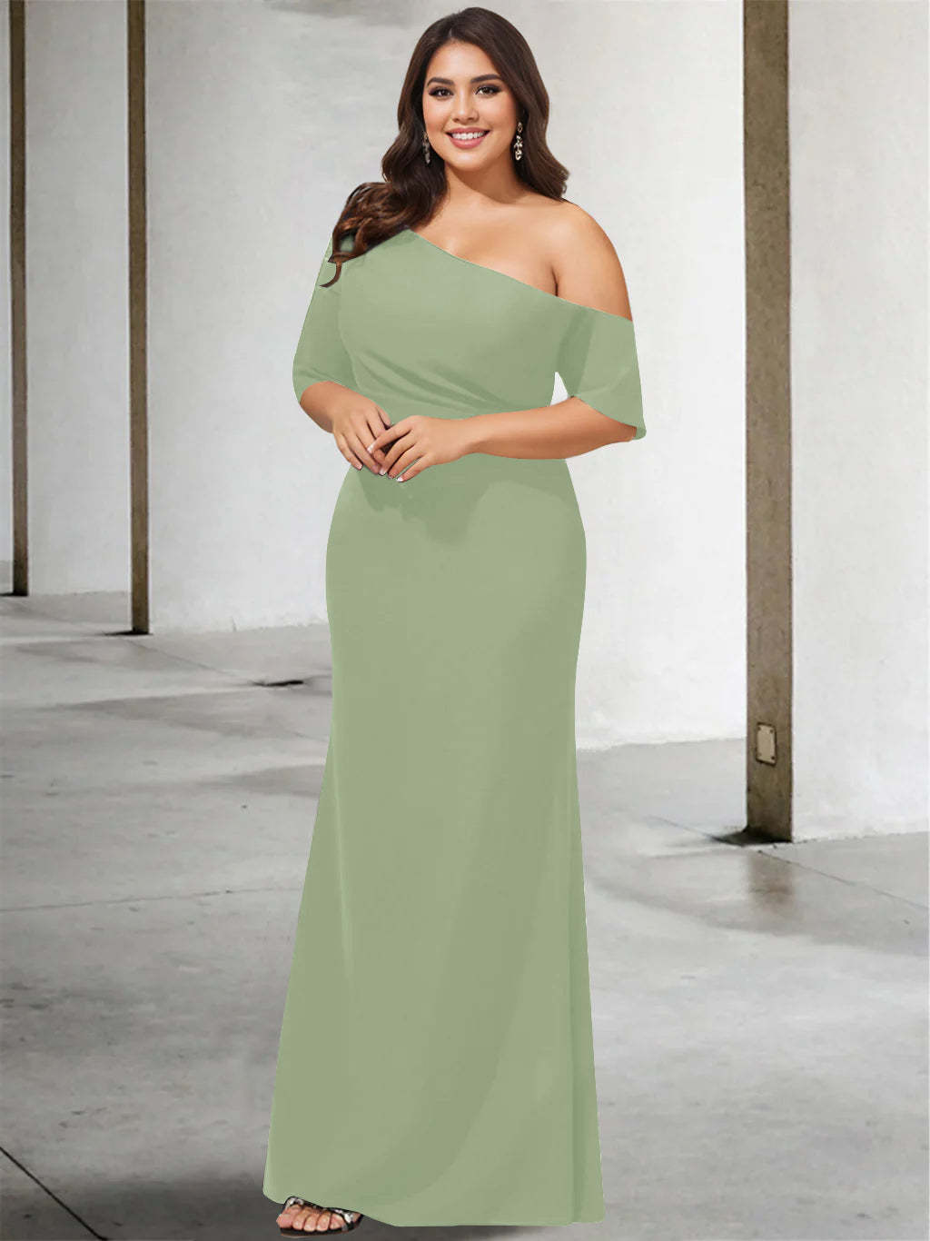 Princess A-Line Floor-Length One-Shoulder 3/4 Sleeve Pure Color Plus Size Mother of the Bride Gown