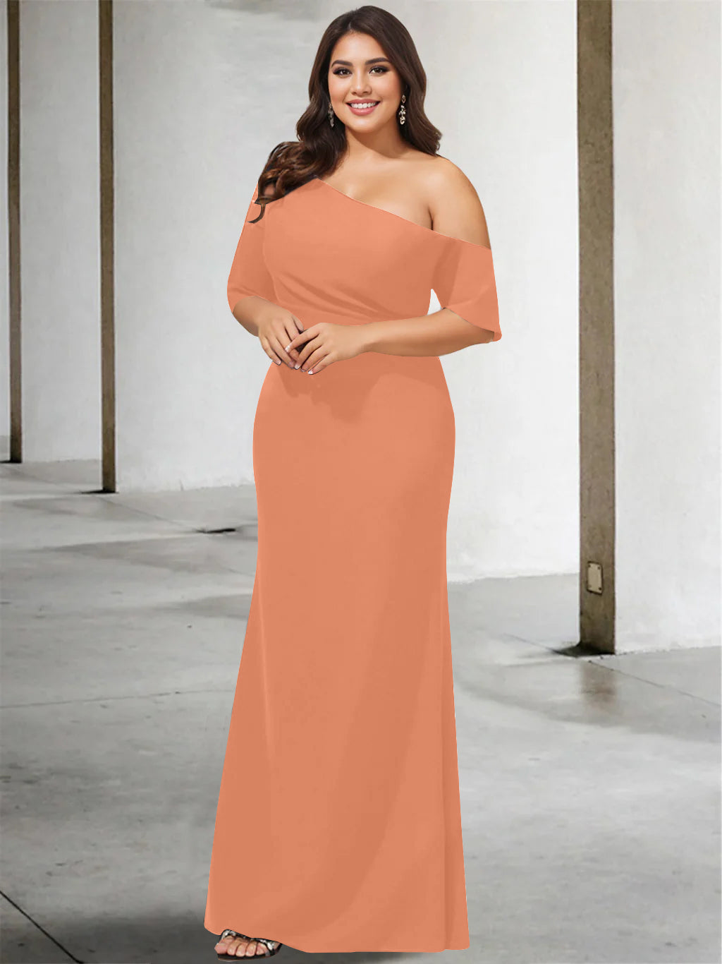 Princess A-Line Floor-Length One-Shoulder 3/4 Sleeve Pure Color Plus Size Mother of the Bride Gown
