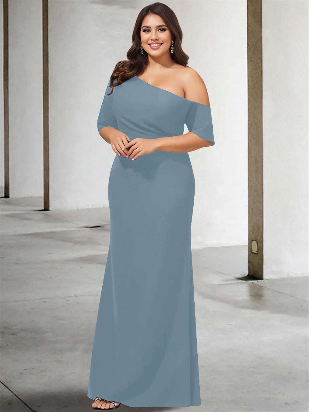 Princess A-Line Floor-Length One-Shoulder 3/4 Sleeve Pure Color Plus Size Mother of the Bride Gown