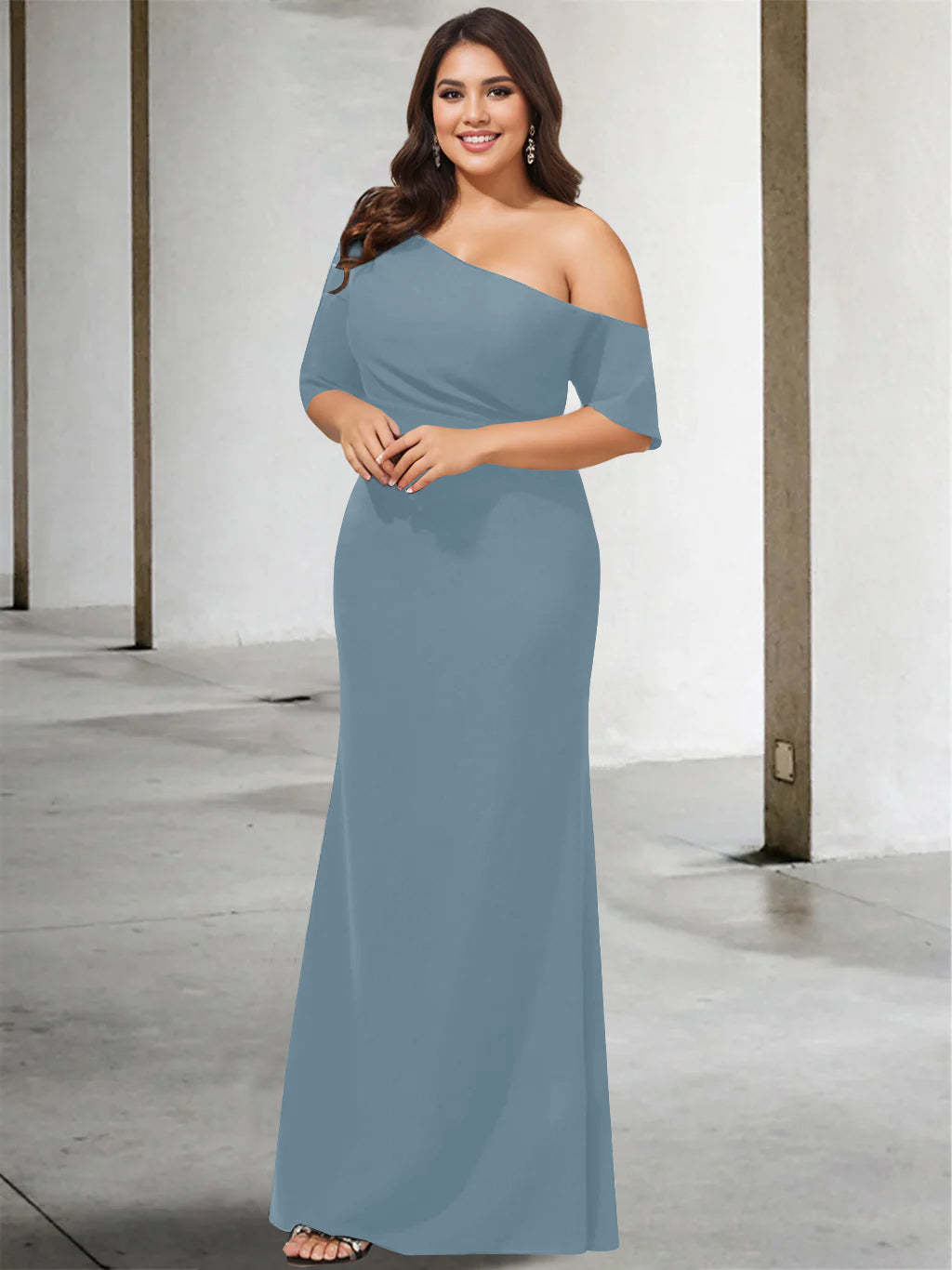 Princess A-Line Floor-Length One-Shoulder 3/4 Sleeve Pure Color Plus Size Mother of the Bride Gown