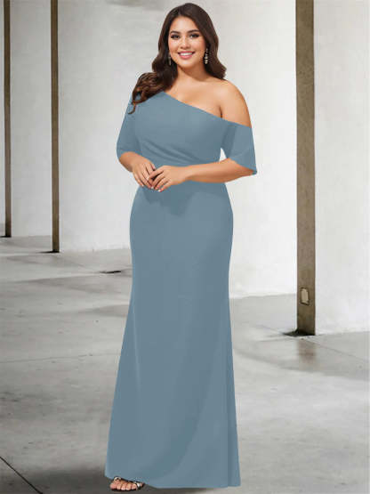 Princess A-Line Floor-Length One-Shoulder 3/4 Sleeve Pure Color Plus Size Mother of the Bride Gown