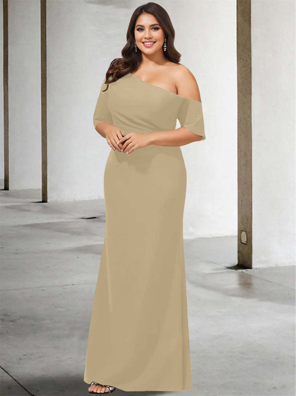 Princess A-Line Floor-Length One-Shoulder 3/4 Sleeve Pure Color Plus Size Mother of the Bride Gown
