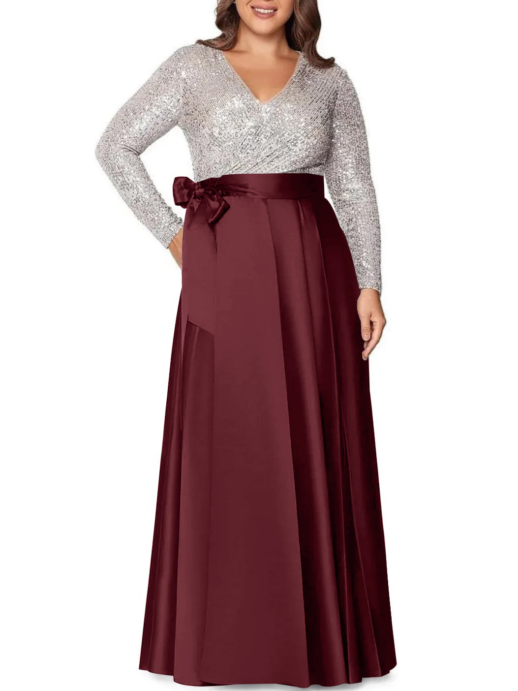 V-Neck A-Line Princess Floor-Length Plus Size Mother of the Bride Dress With Long Sleeves and Pocket Sequins