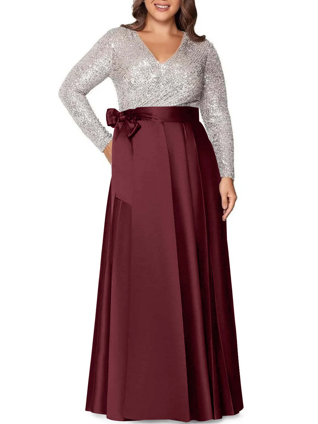V-Neck A-Line Princess Floor-Length Plus Size Mother of the Bride Dress With Long Sleeves and Pocket Sequins