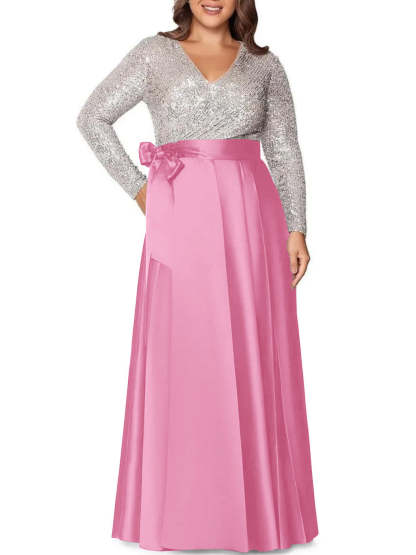 V-Neck A-Line Princess Floor-Length Plus Size Mother of the Bride Dress With Long Sleeves and Pocket Sequins