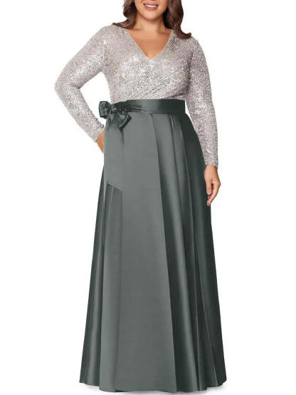 V-Neck A-Line Princess Floor-Length Plus Size Mother of the Bride Dress With Long Sleeves and Pocket Sequins