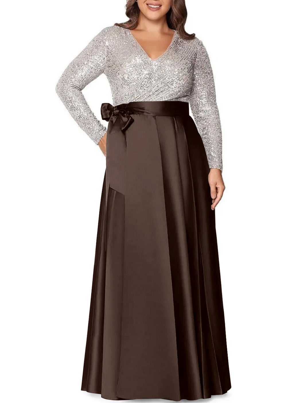 V-Neck A-Line Princess Floor-Length Plus Size Mother of the Bride Dress With Long Sleeves and Pocket Sequins