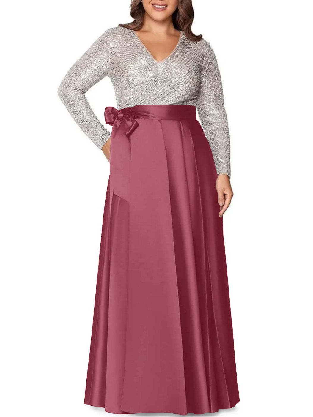 V-Neck A-Line Princess Floor-Length Plus Size Mother of the Bride Dress With Long Sleeves and Pocket Sequins